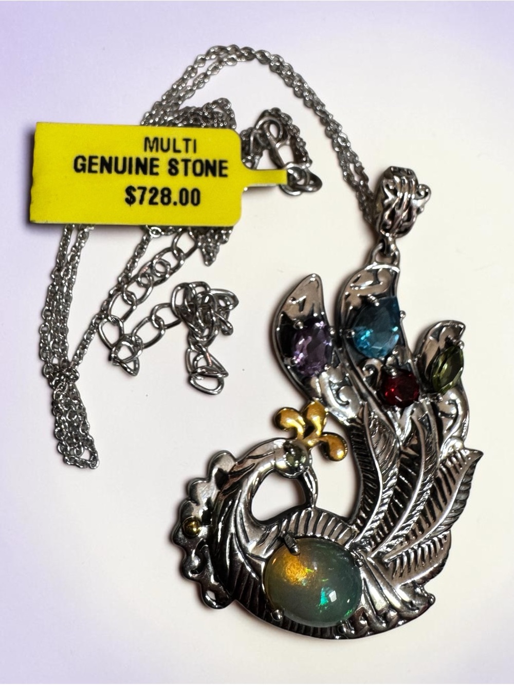 Multi-Gem Silver Peacock Pendant Necklace - Multi